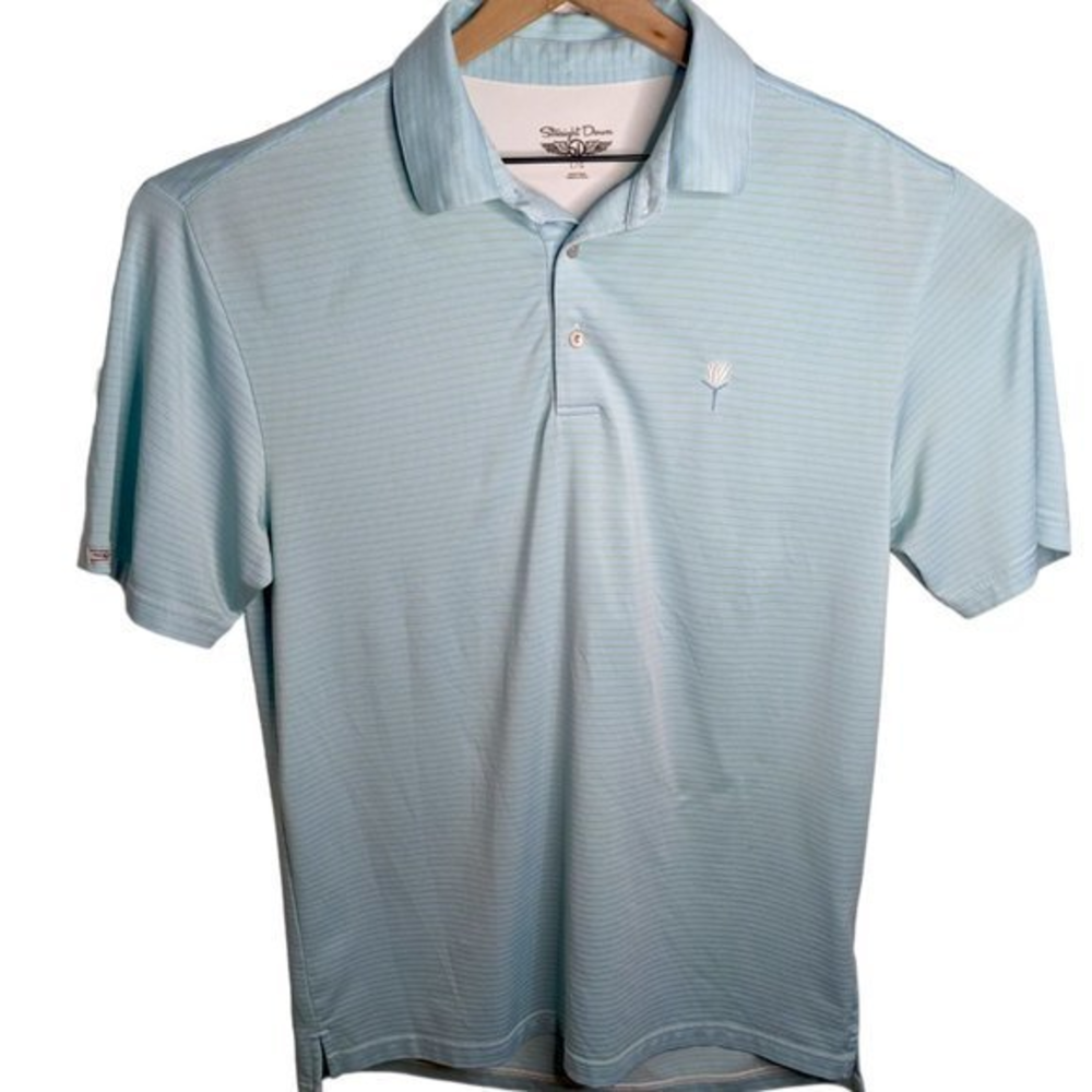 Straight Down Men’s Polo Golf‎ Shirt Performance Stretch Blue Green Stripe Large